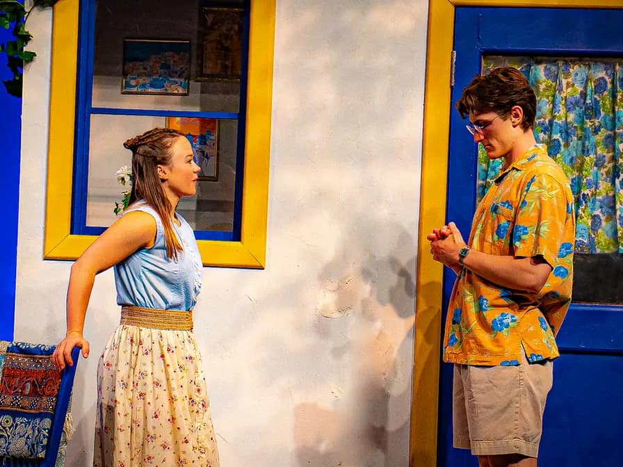 Production photo from Gods of Comedy showing Gretchen Ugalde's scenic design at Okoboji Summer Theatre.