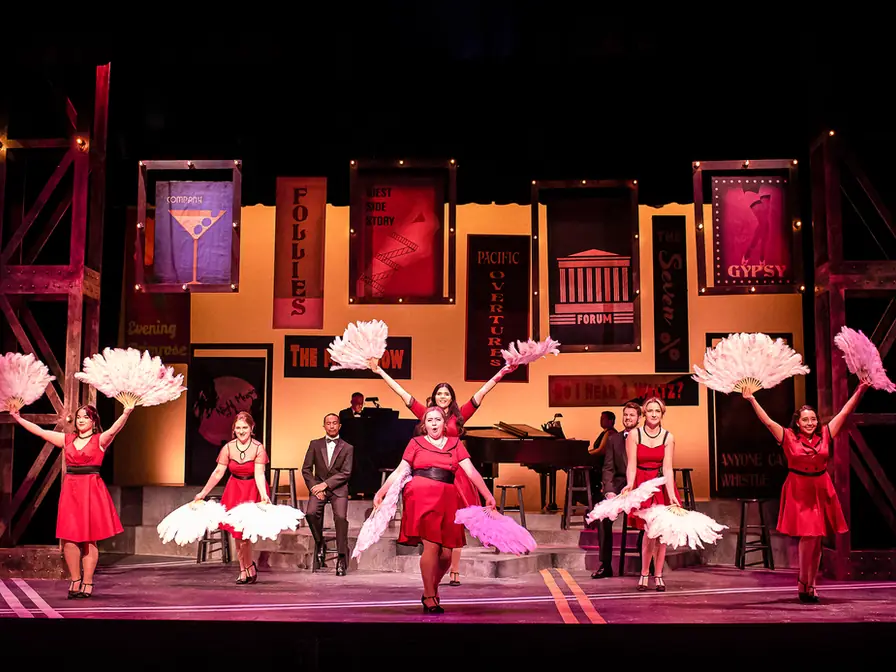 Production photo from Side by Side by Sondheim showing Gretchen Ugalde's scenic design at Stephens College.