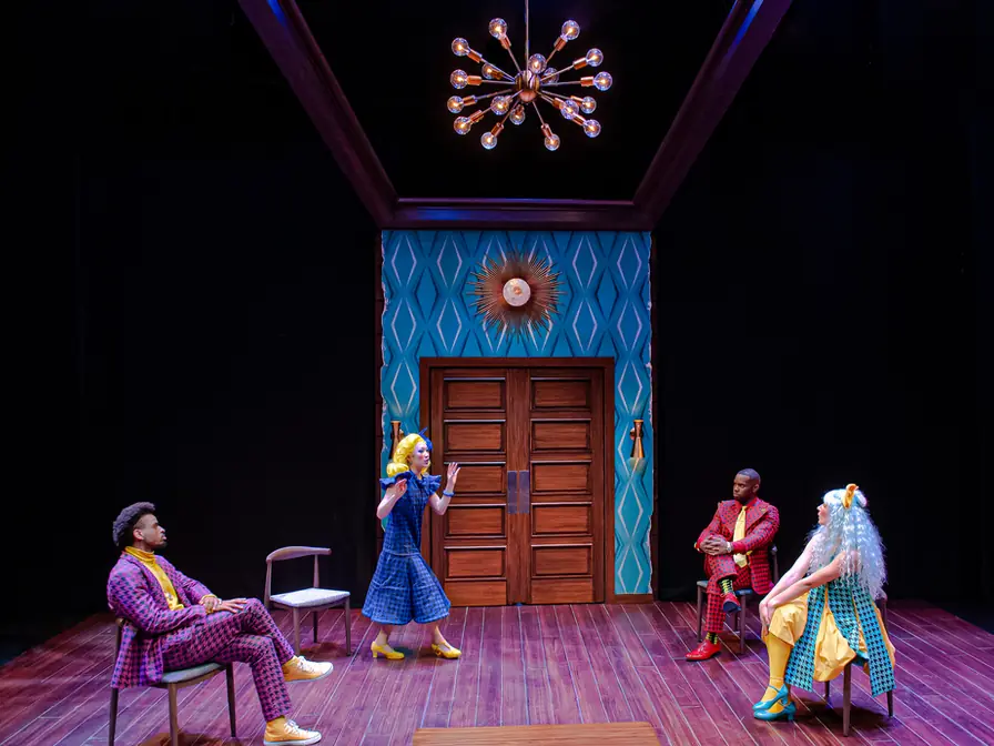 Scenic rendering for The Bald Soprano showing a mid-century dream living room with exaggerated patterns and theatrical absurdity.