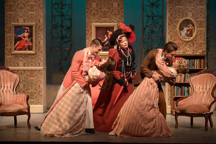 Production photo from Importance of Being Earnest showing Gretchen Ugalde's scenic design in performance at Maples Repertory Theatre.